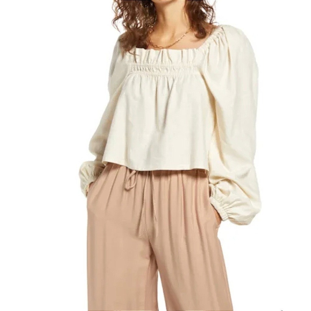 Open Edit Linen Blend Cropped Peasant Top S Ivory Off Shoulder‎ NWT Flawed